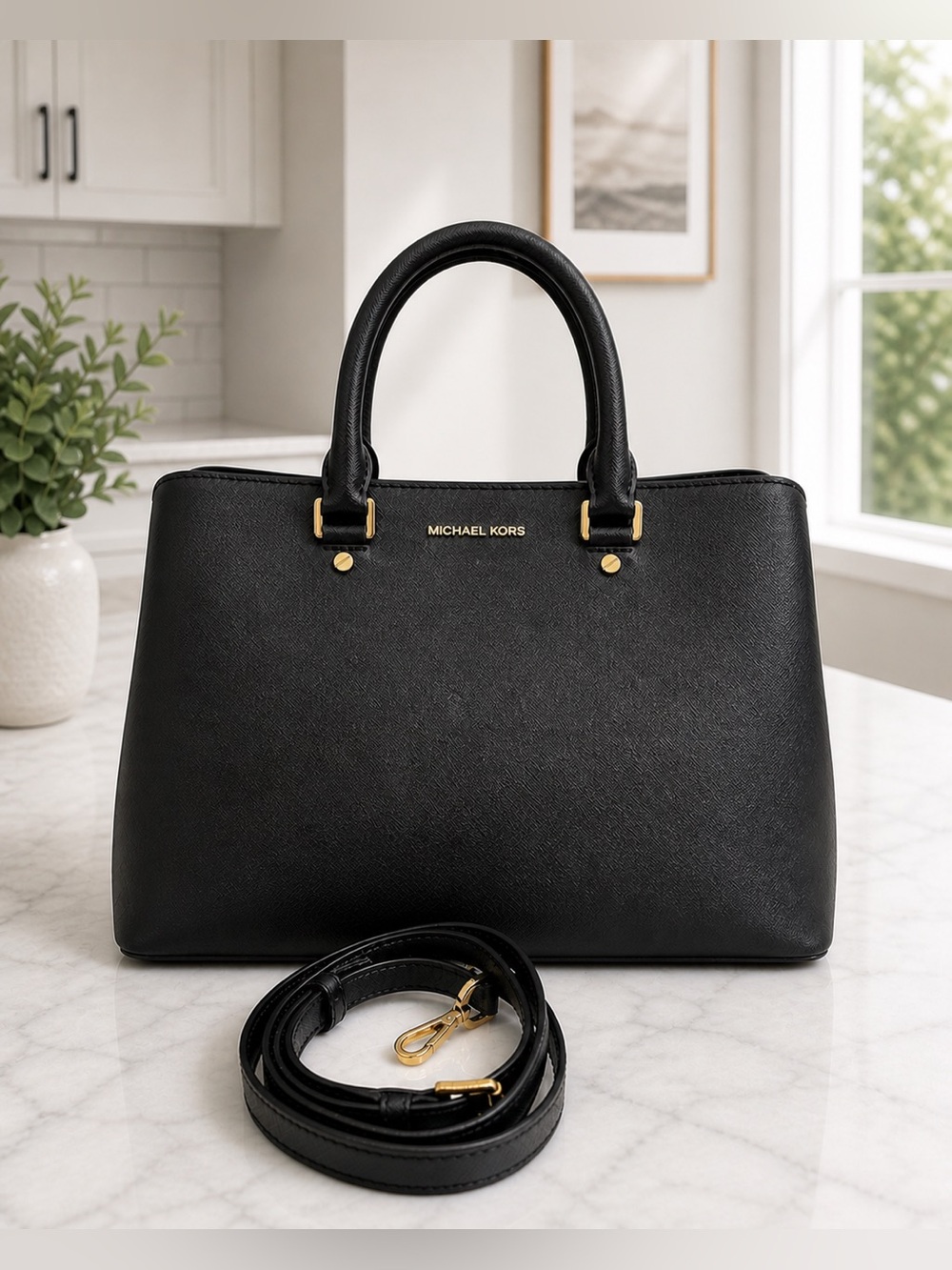 Michael Kors Savannah Black Saffiano Leather Satchel Gold Hardware